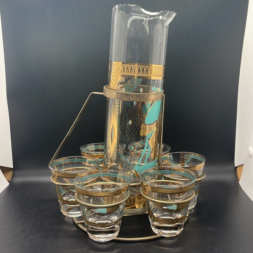 Vintage 60’s Fred Press Trojan Horse 22k Gold Turquoise 8 Pc MCM Barware Set